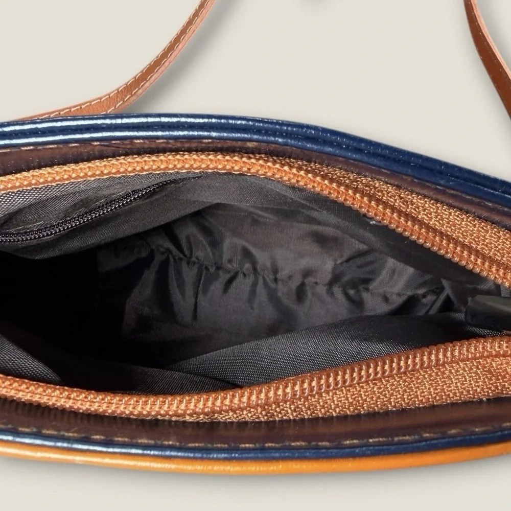 Vera Pelle Made in Italy Navy Blue Tan‎ Leather Crossbody Bag Small Handbag